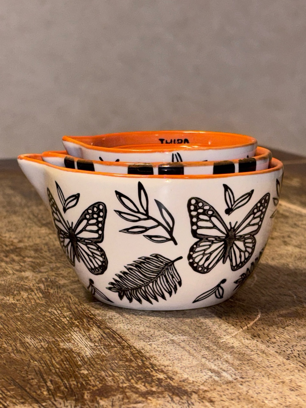 Young's Inc Butterfly Nesting Ceramic Measuring Bowl Set Black White Orange